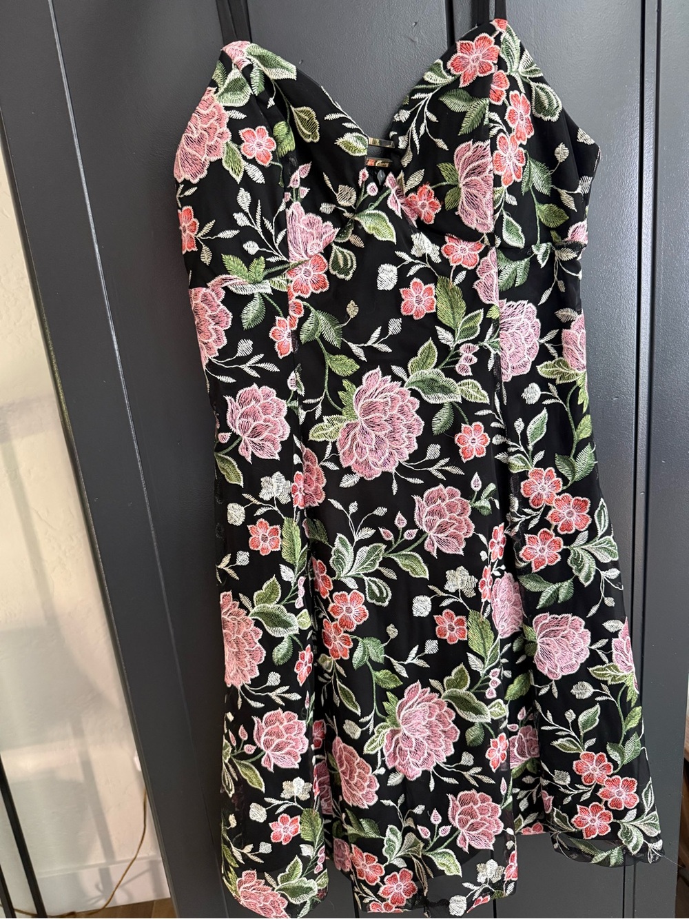 Guess Floral Black Fit-and-Flare Dress with Pink Roses
